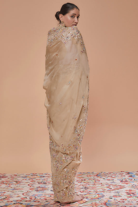 beige pure organza hand embroidered saree set
