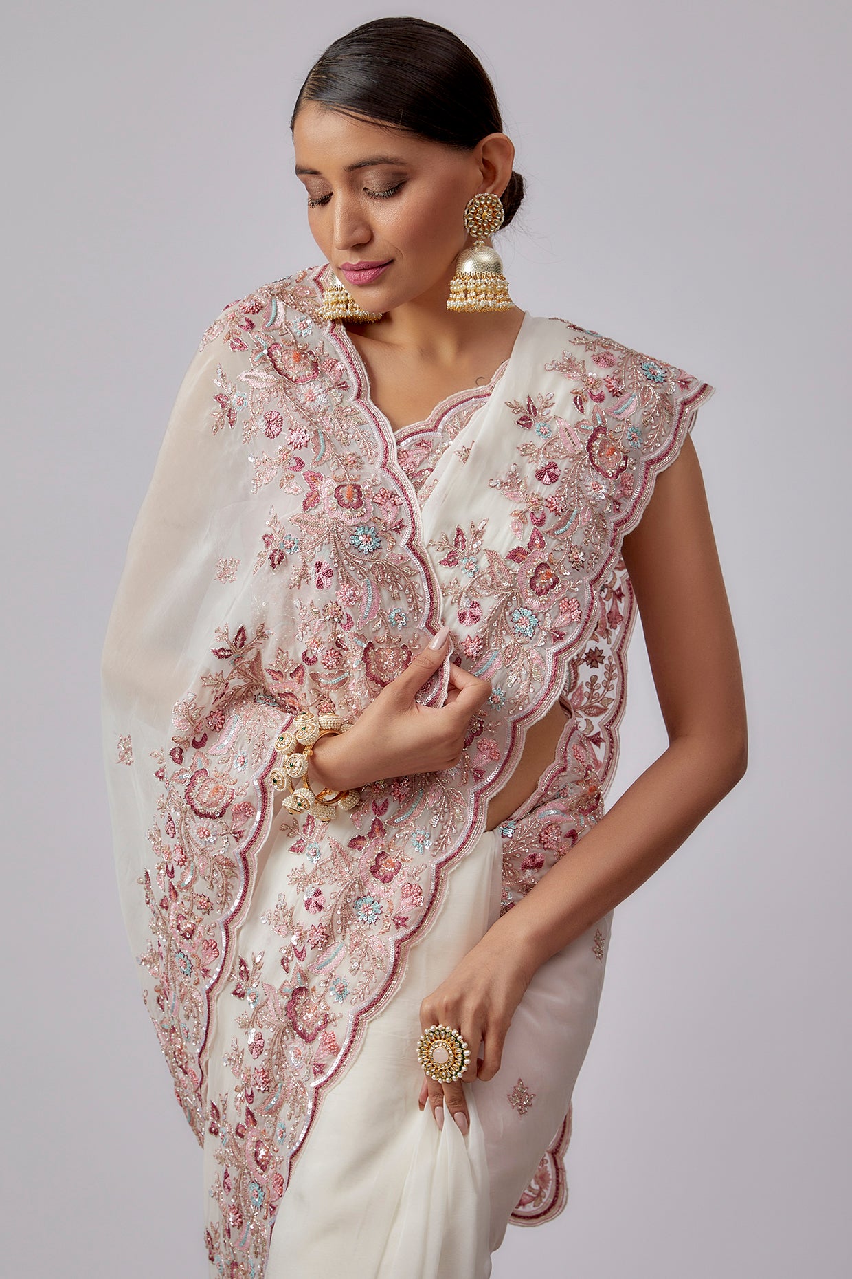 ivory organza hand embroidered saree set