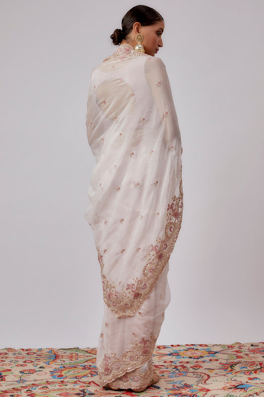 pink organza hand embroidered saree set