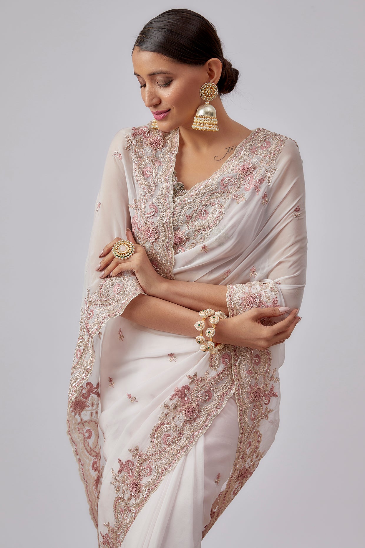 pink organza hand embroidered saree set