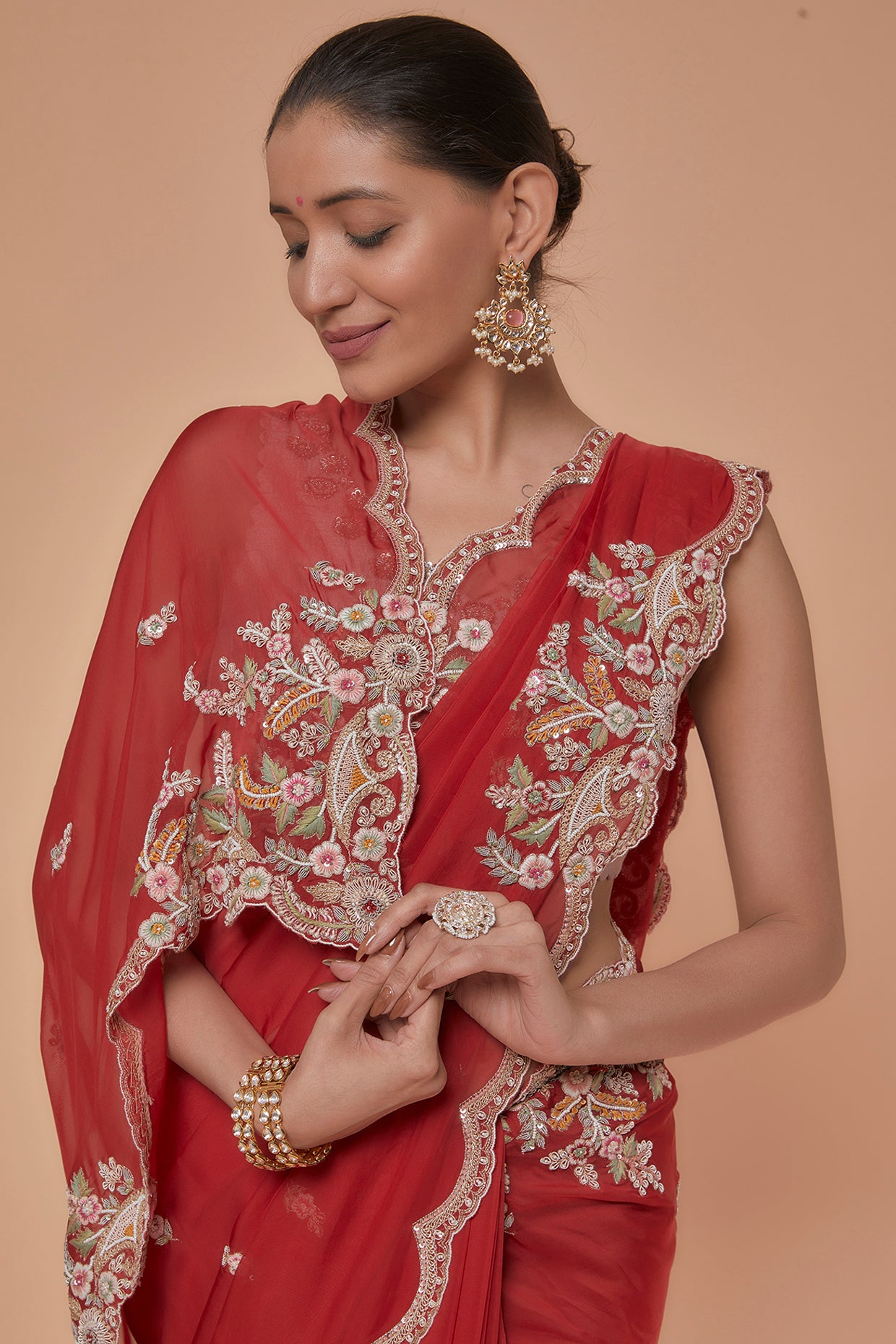 red organza hand embroidered saree set