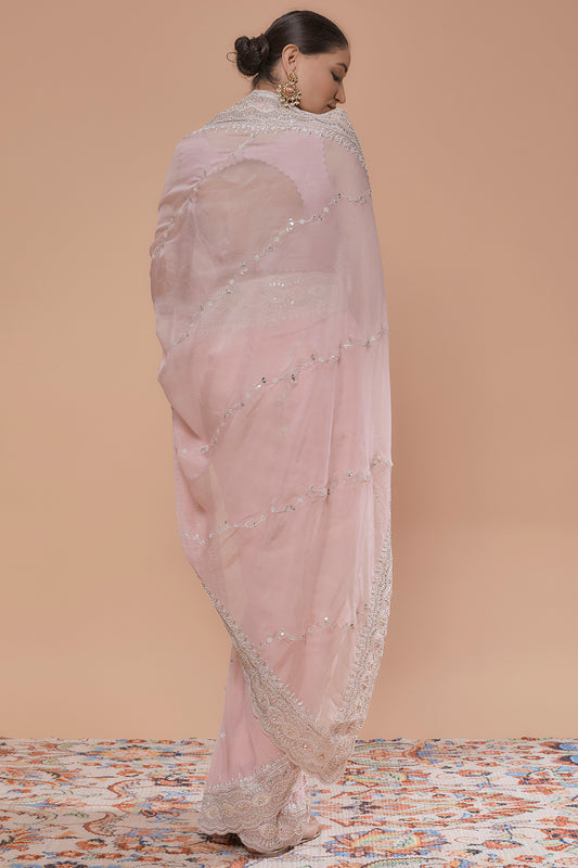 pink pure organza hand embroidered saree set