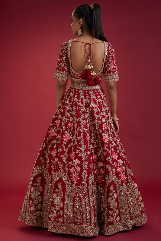 red raw silk hand embroidered lehenga set