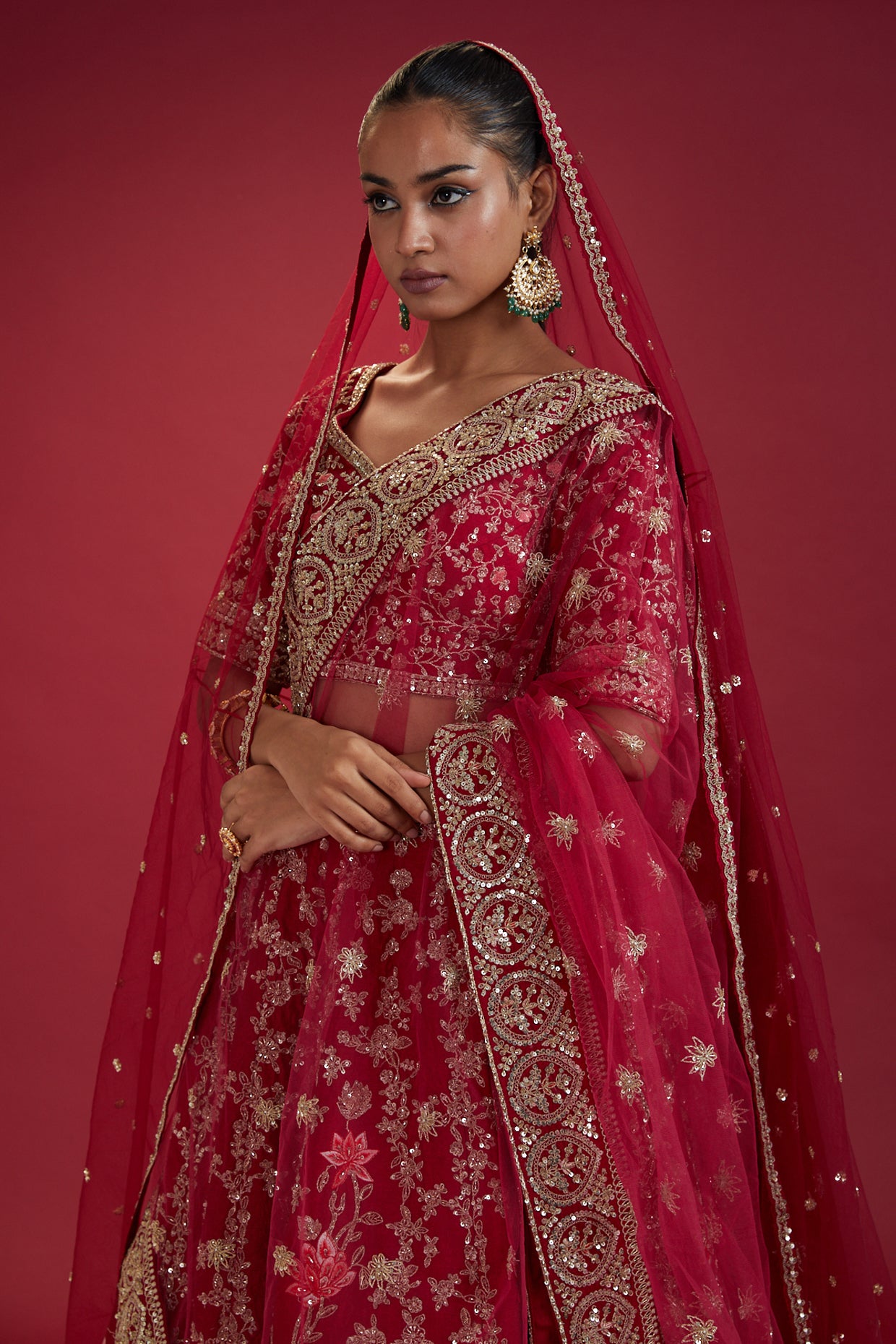 red raw silk hand embroidered lehenga set