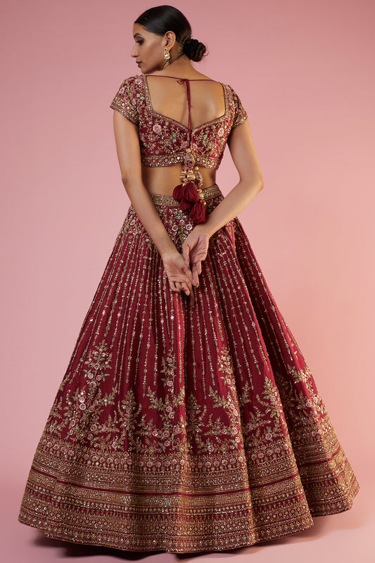 maroon raw silk embroidered lehenga set