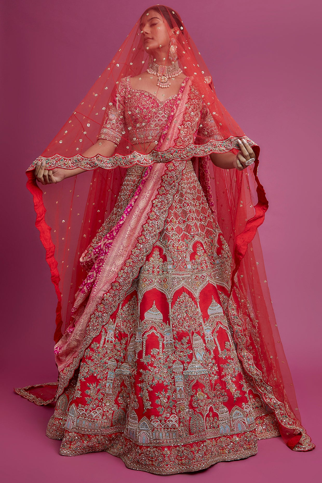 red raw silk embroidered lehenga set