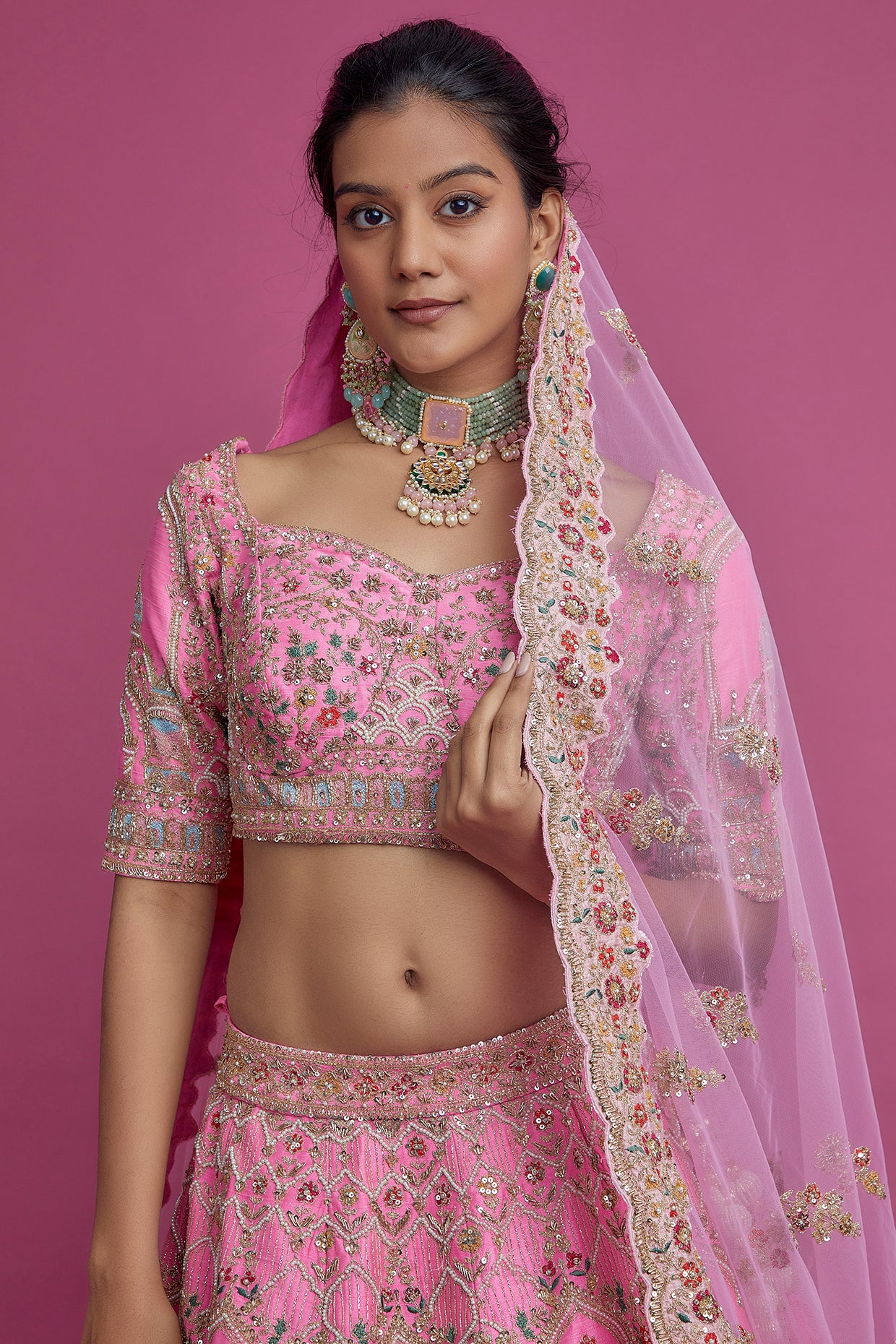 pink raw silk embroidered lehenga set