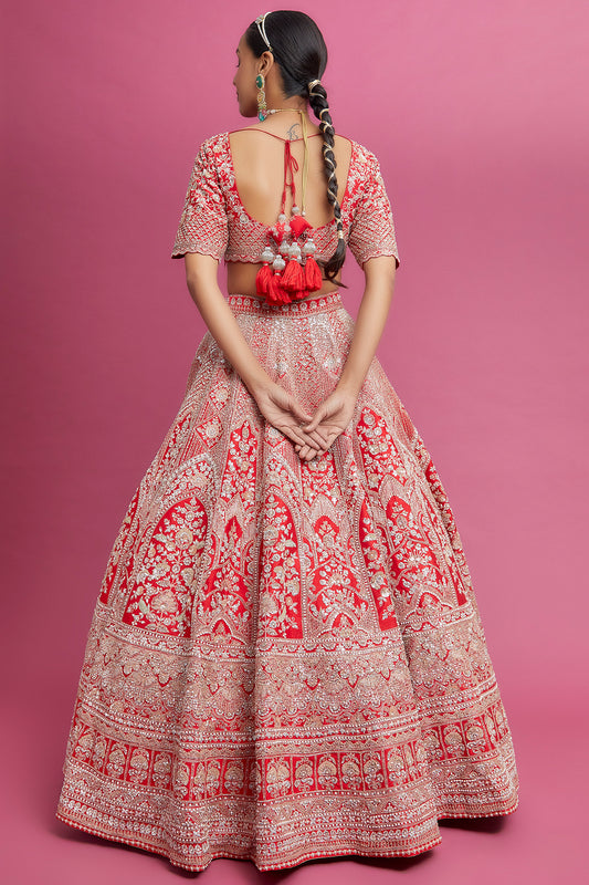 red raw silk embroidered lehenga set