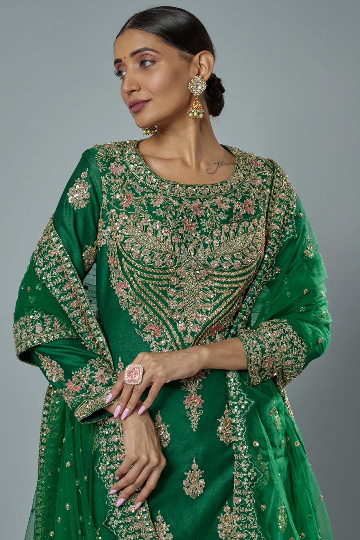 green chanderi embroidered sharara set