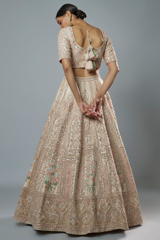 peach raw silk embroidered lehenga set