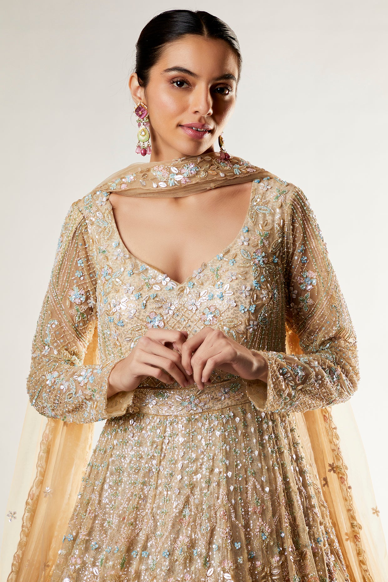 beige net embroidered gown