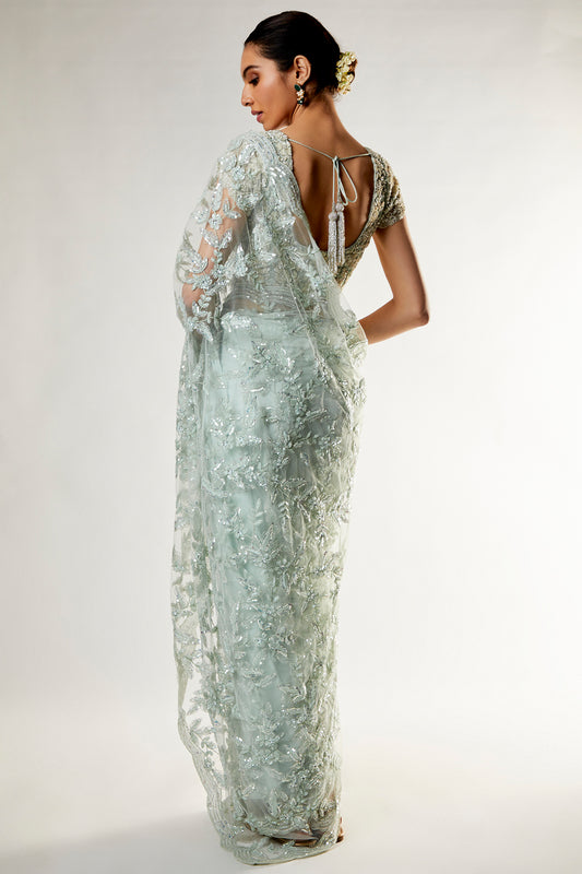 mint green organza embellished saree set