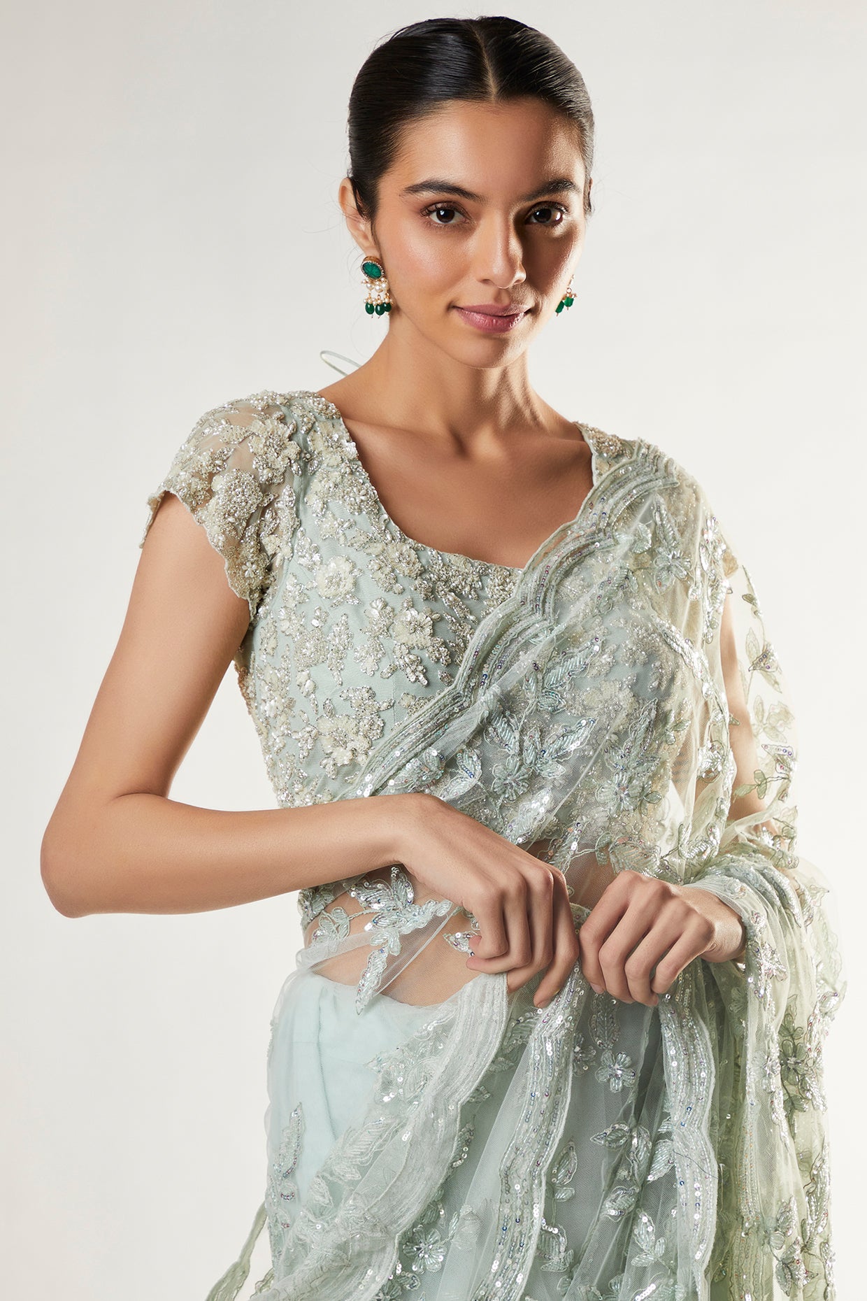 mint green organza embellished saree set