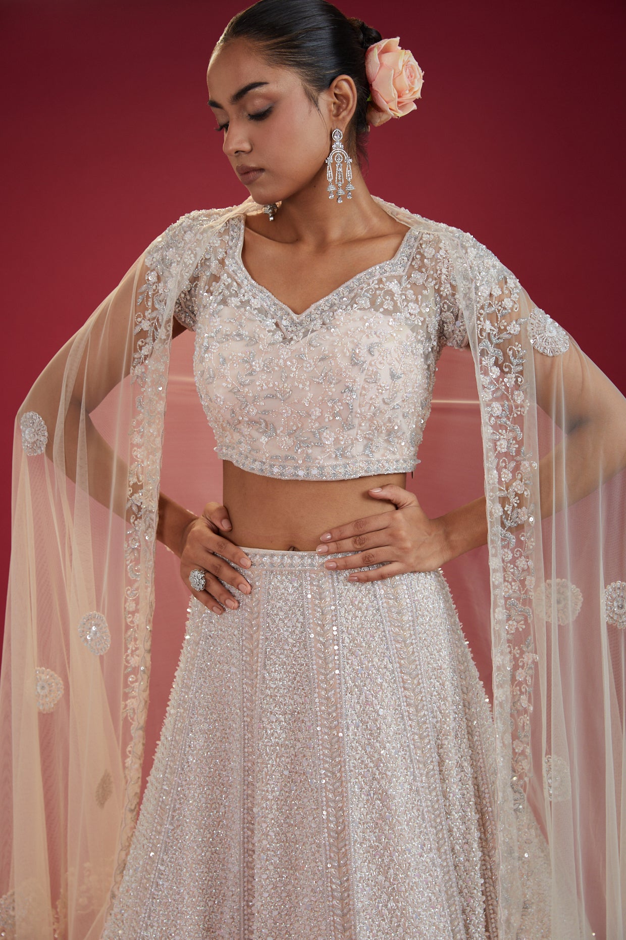 Pink Net Embroidered Lehenga Set