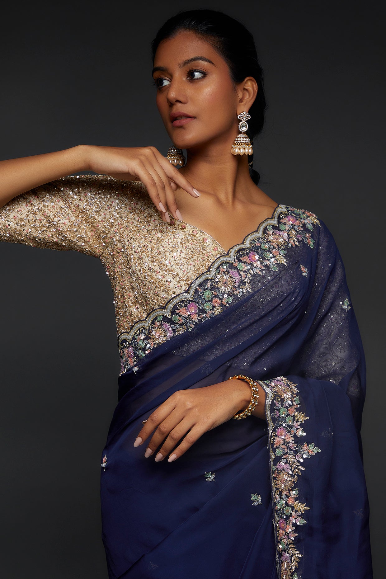 royal blue organza embroidered saree set