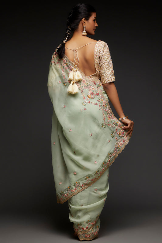 sea green organza embroidered saree set