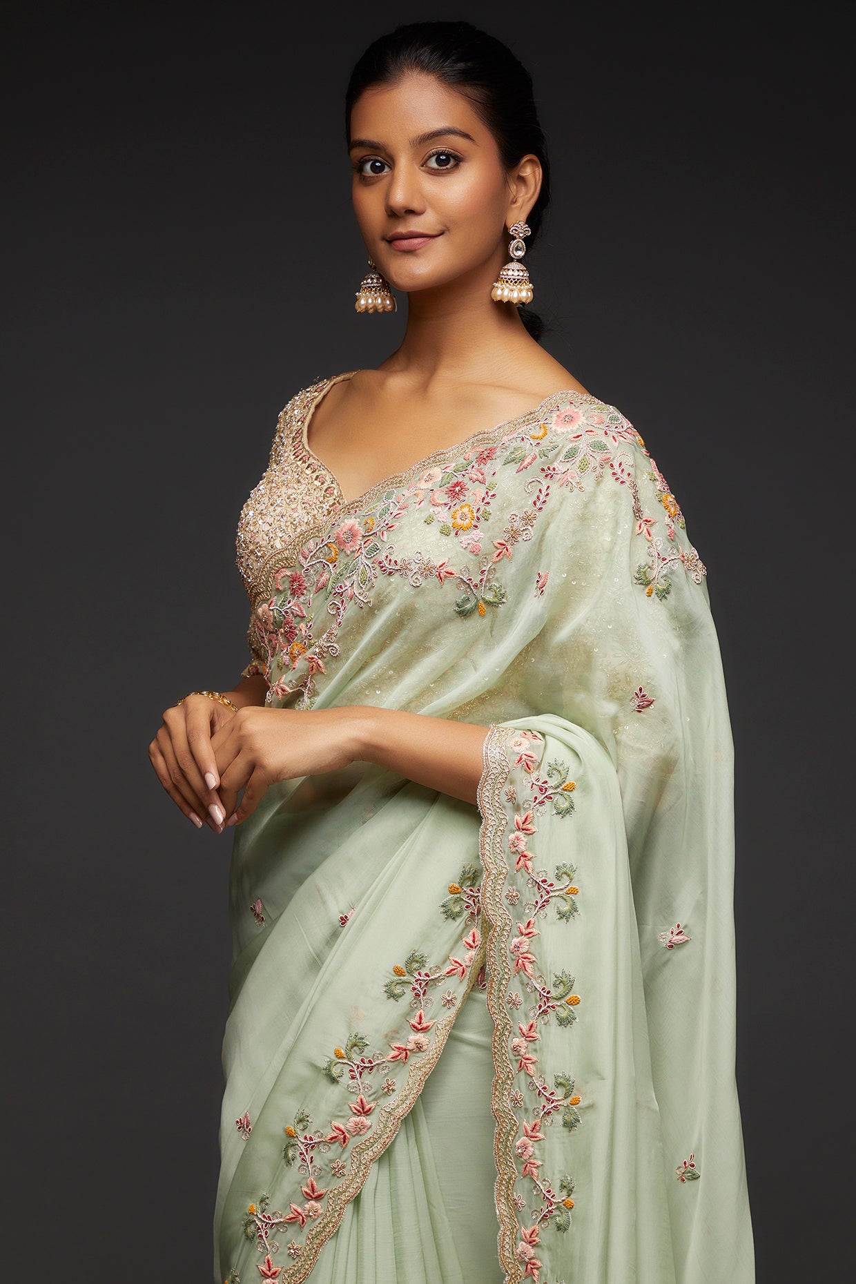 sea green organza embroidered saree set