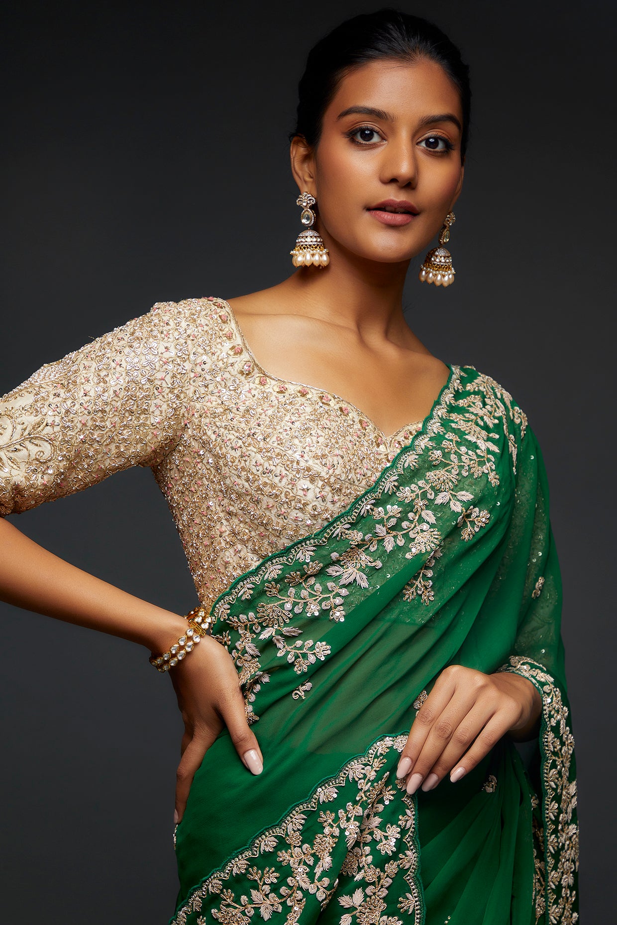 dark green organza embroidered saree set