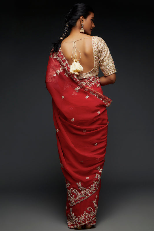 cherry red organza embroidered saree set