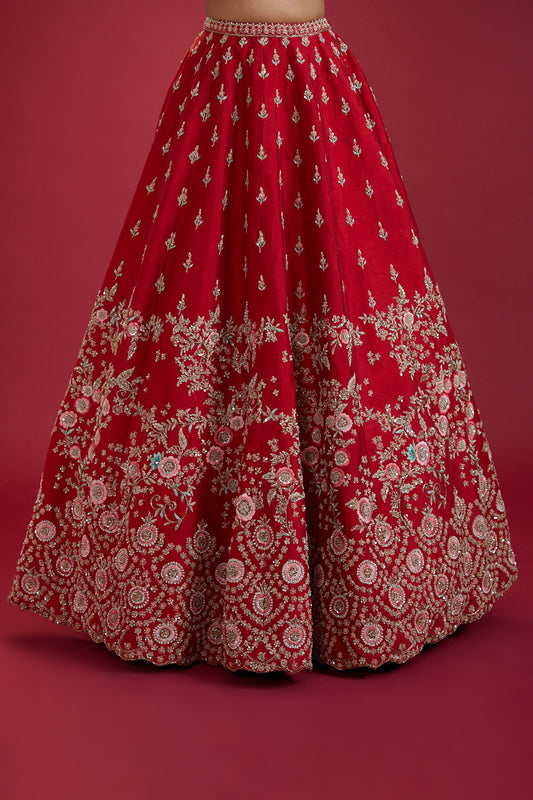 red raw silk hand embroidered lehenga set
