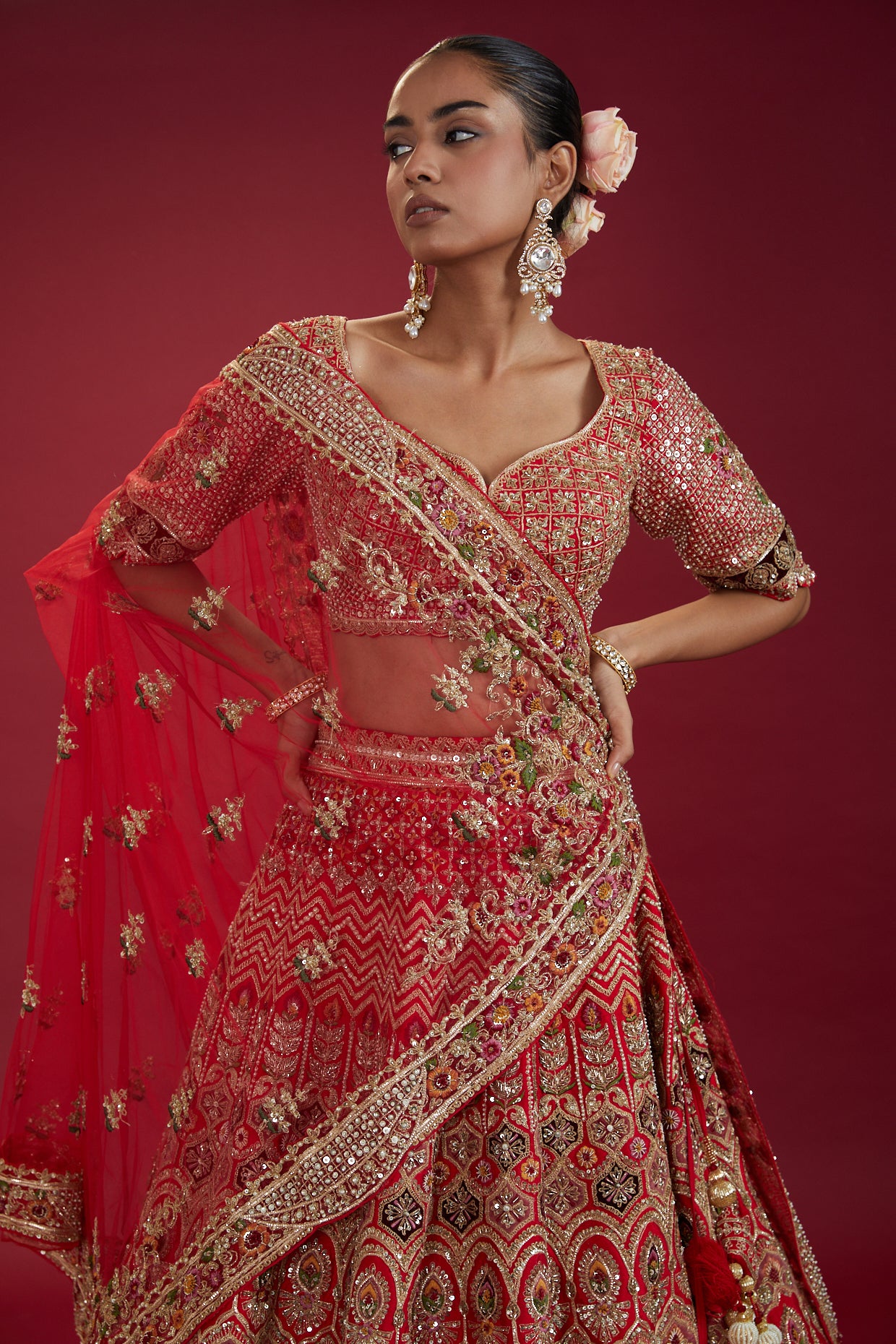 red raw silk hand embroidered lehenga set