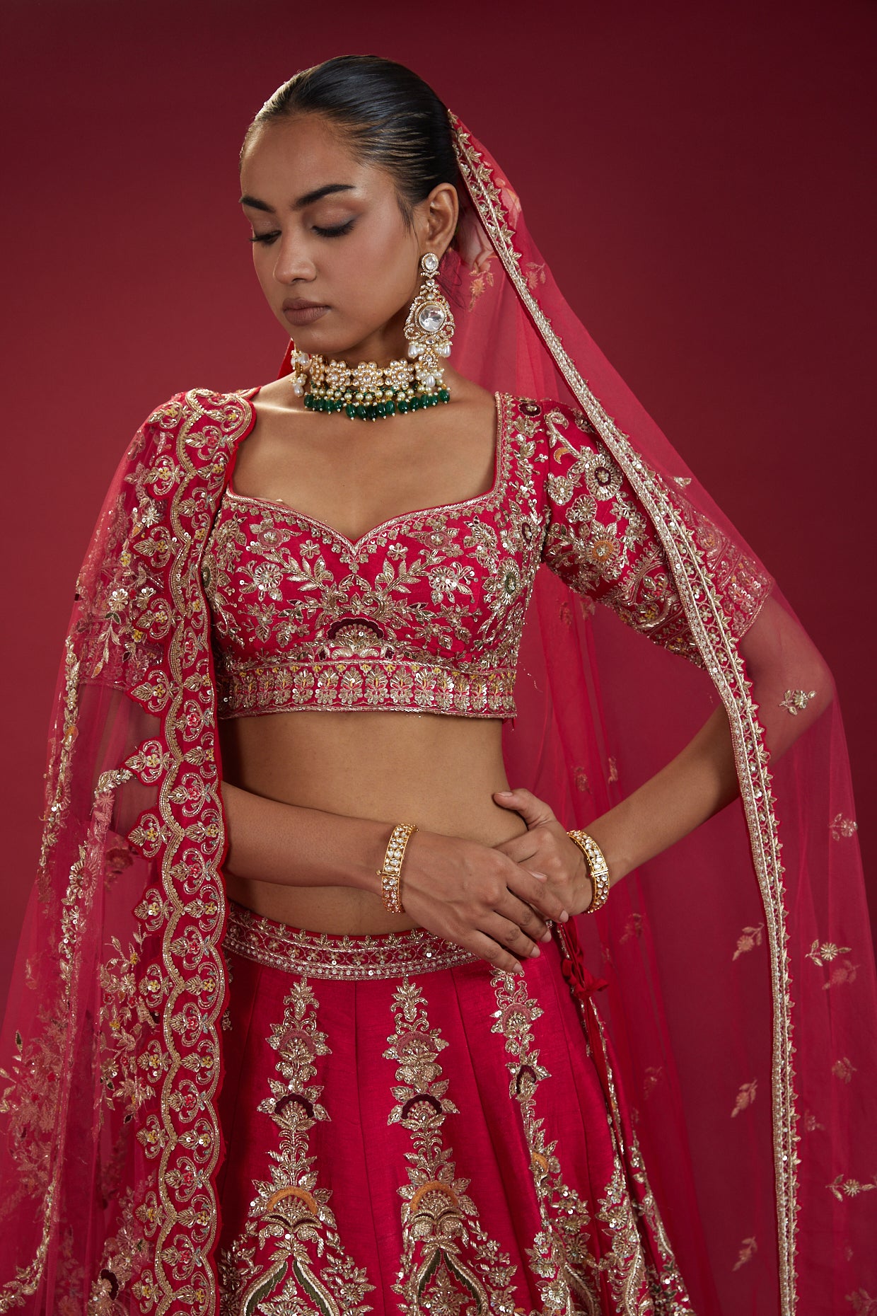 red raw silk embroidered lehenga set
