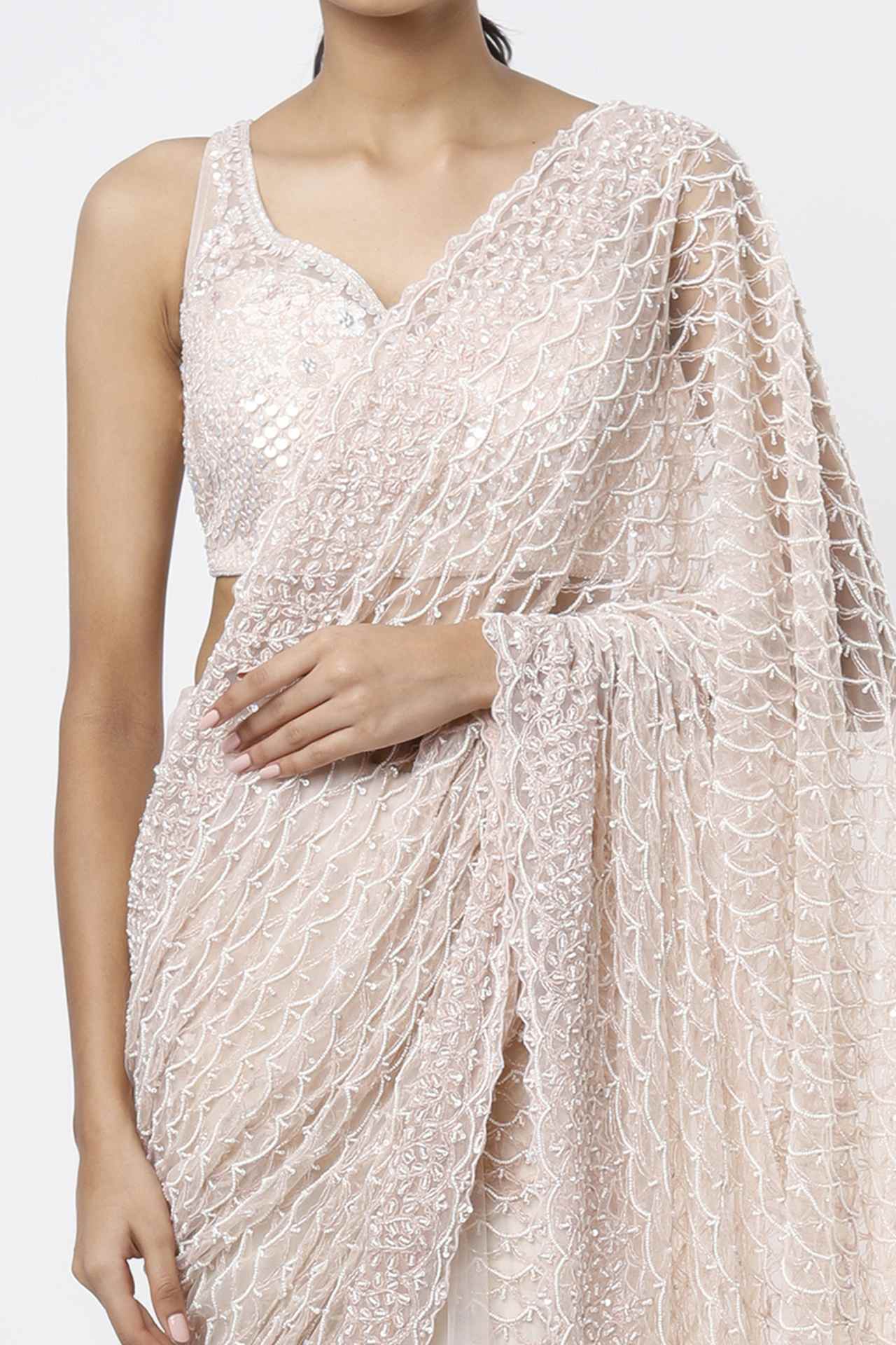 peach embellished saree set