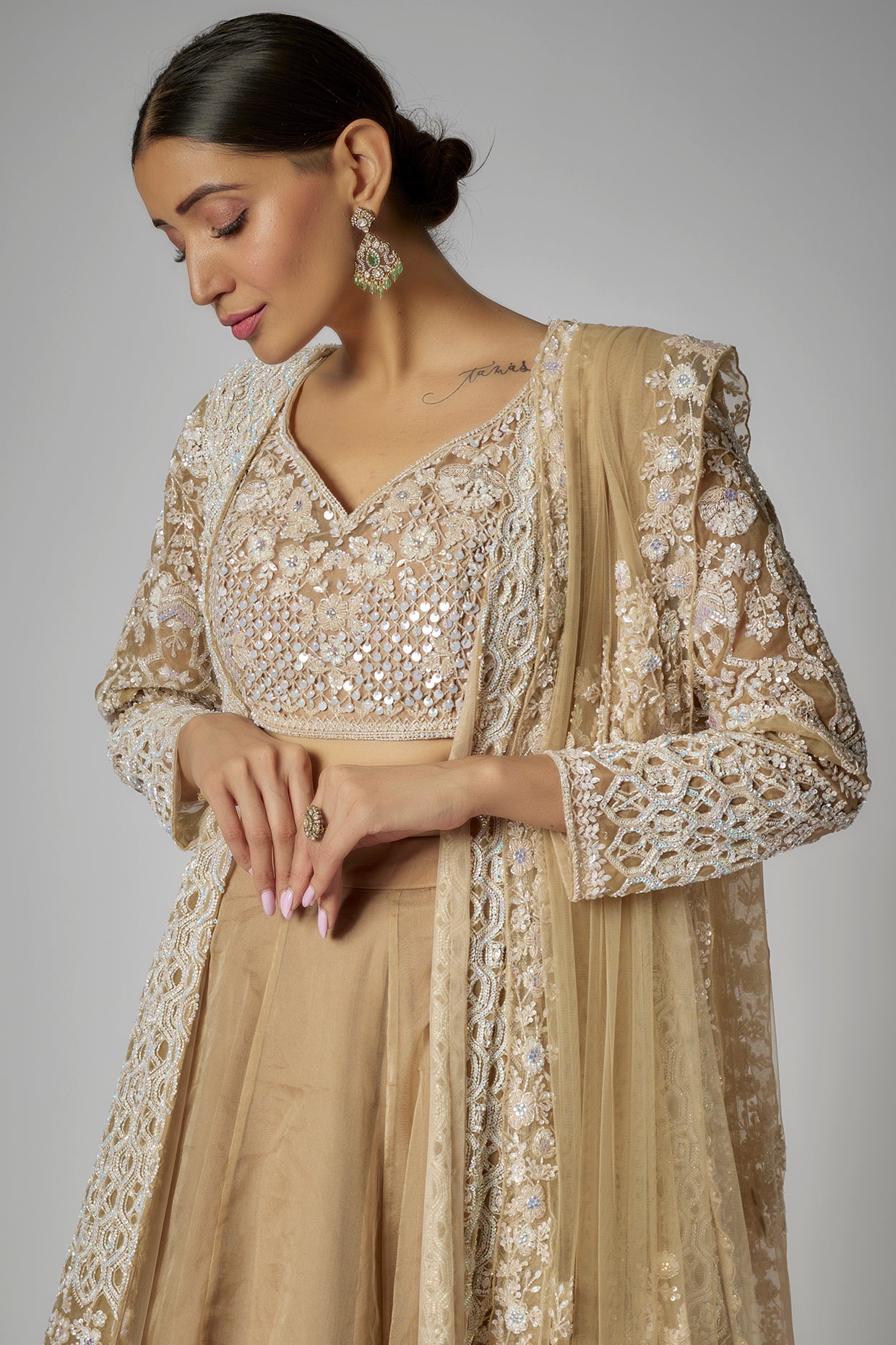 Gold net embroidered jacket set
