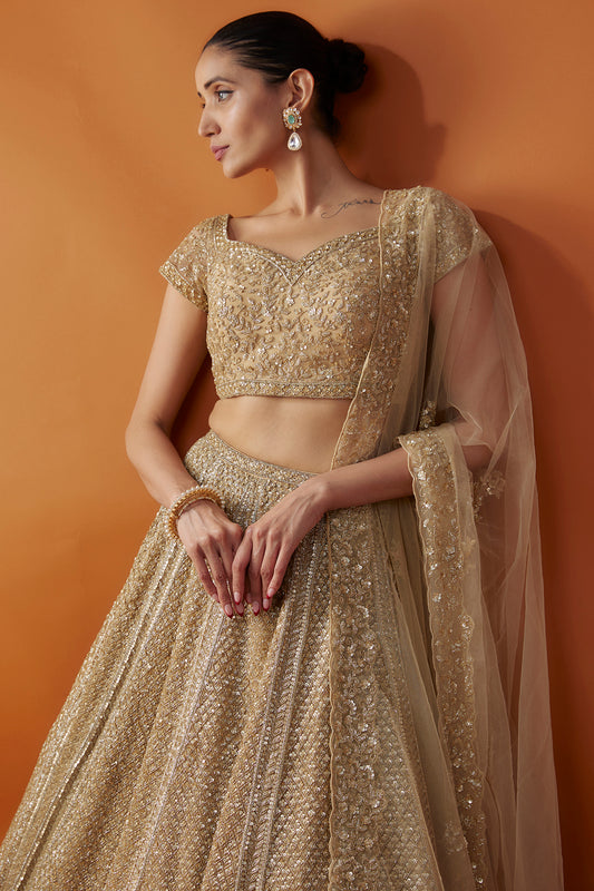 Gold Organza Cutdana & Sequins Hand Embroidered Lehenga Set