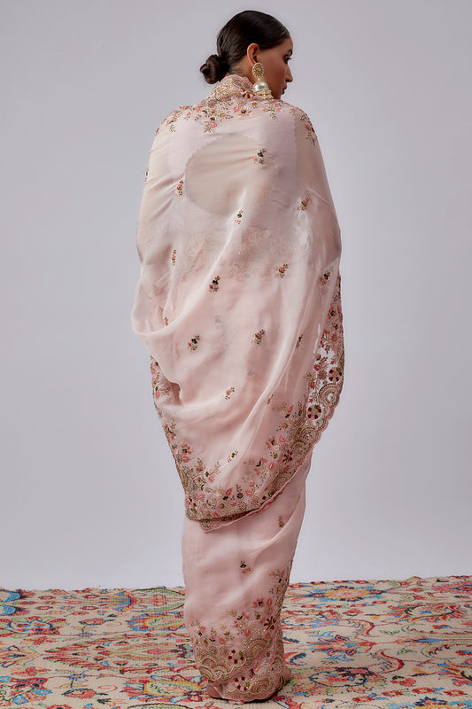 pink pure organza hand embroidered saree set