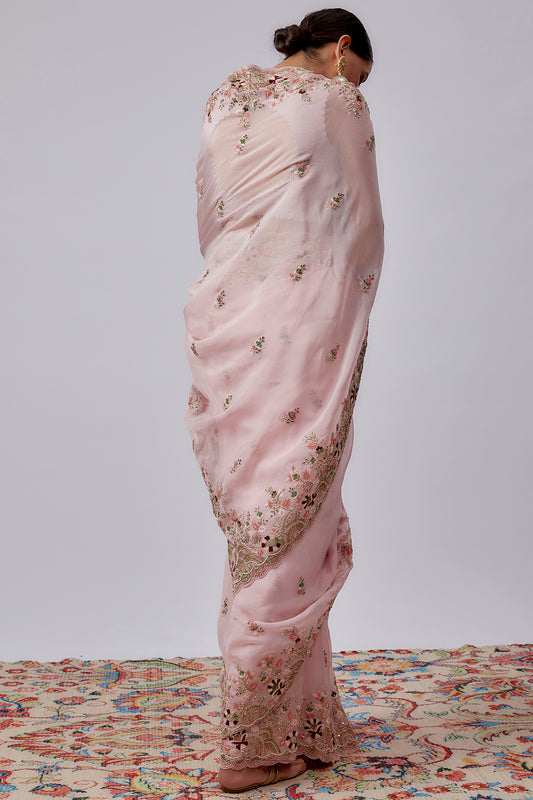 pink pure organza hand embroidered saree set