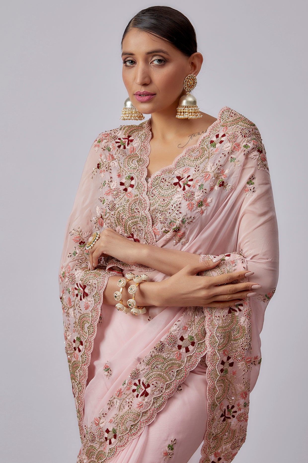 pink pure organza hand embroidered saree set