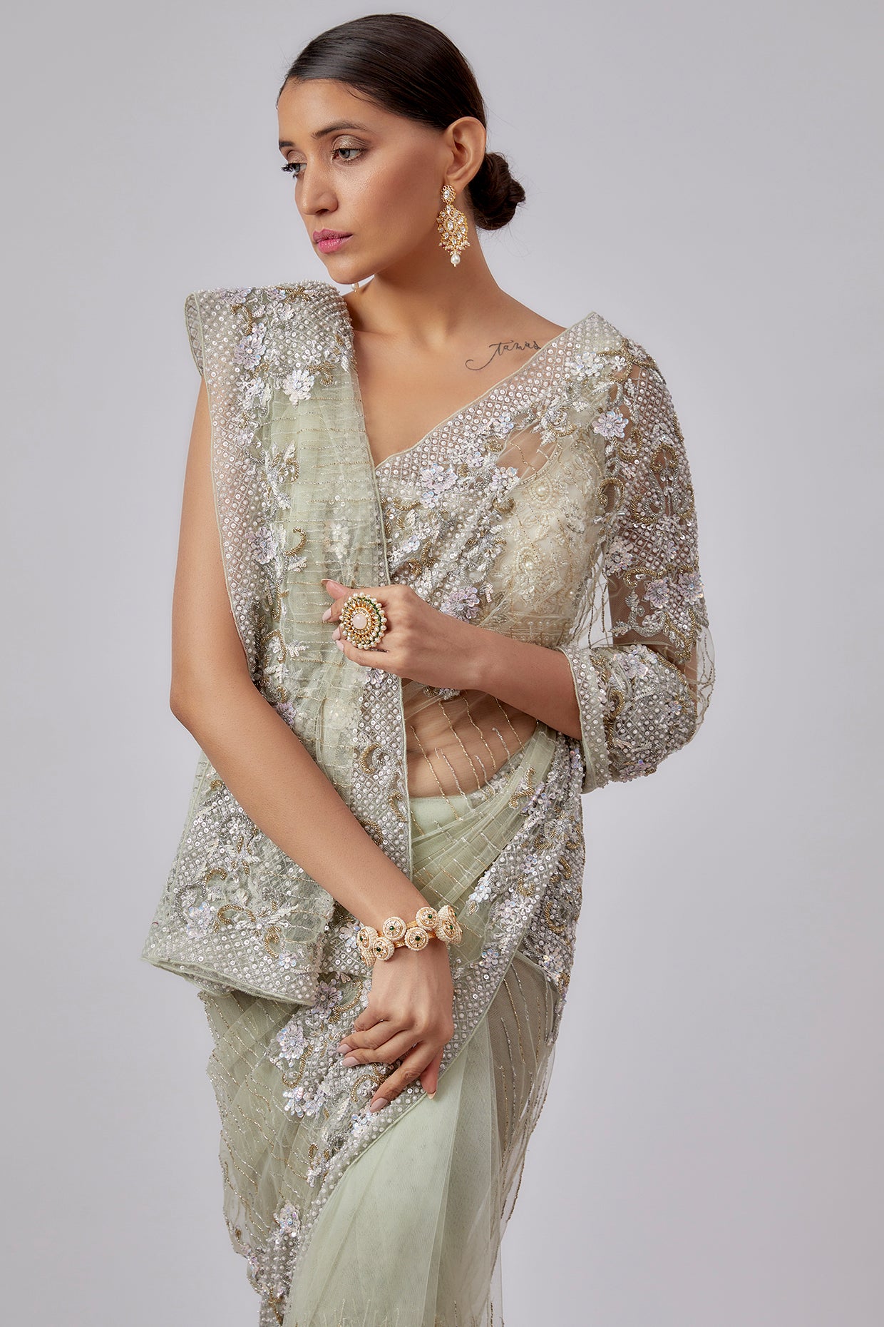 mint green net embroidered saree set