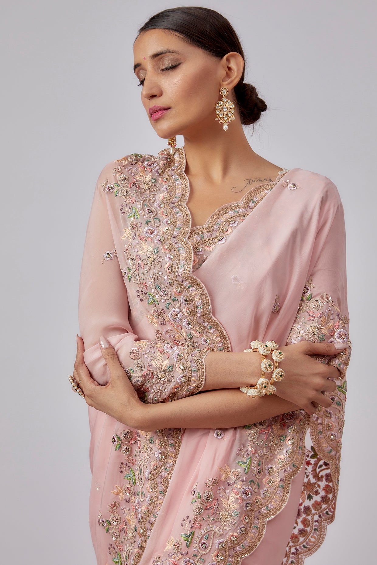 pink pure organza hand embroidered saree set