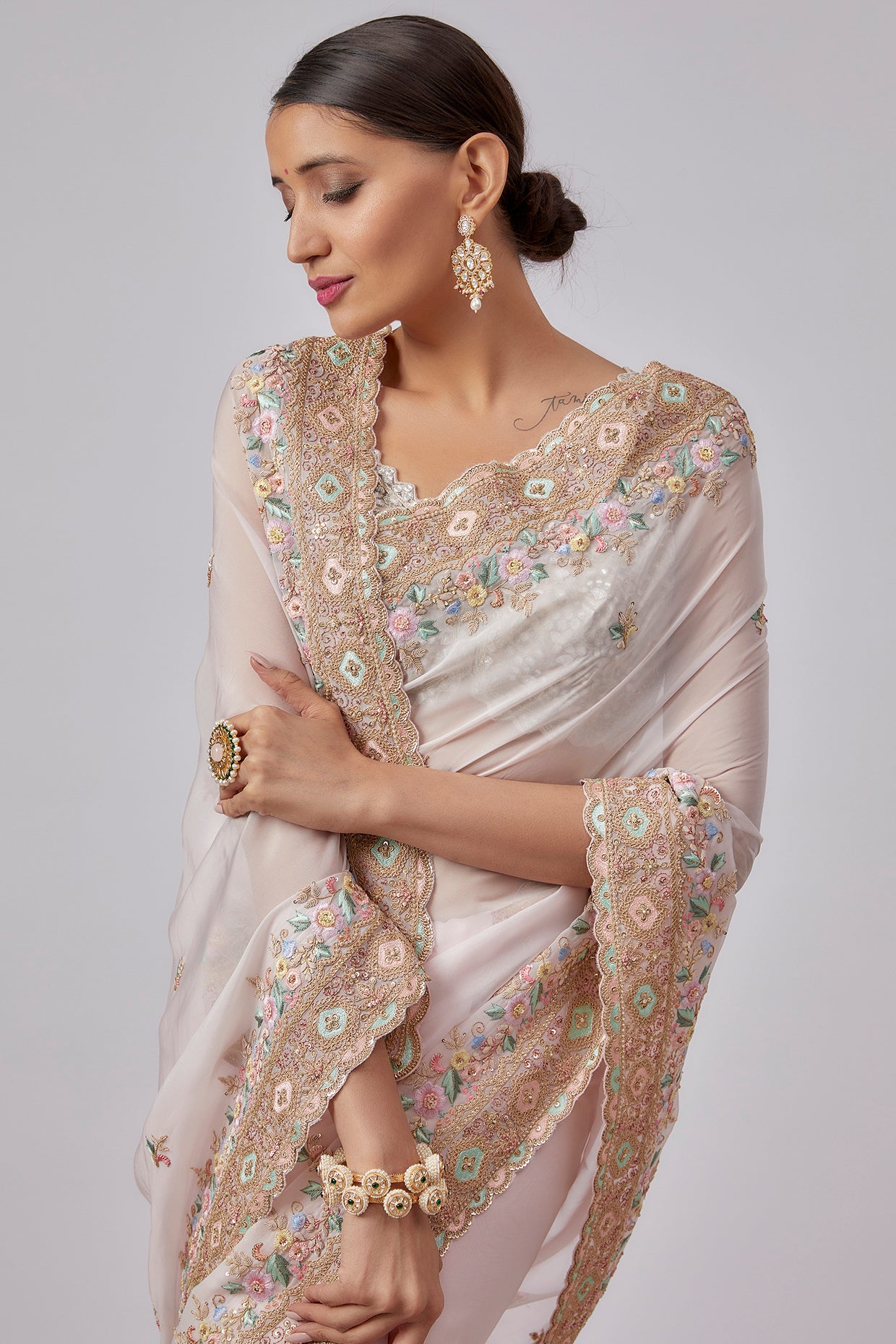 pink pure organza hand embroidered saree set