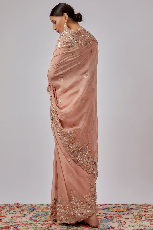 peach pure organza hand embroidered saree set