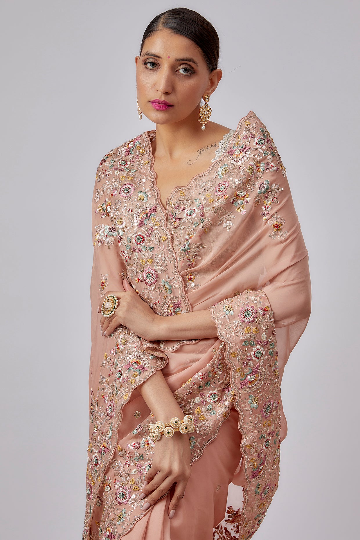 peach pure organza hand embroidered saree set