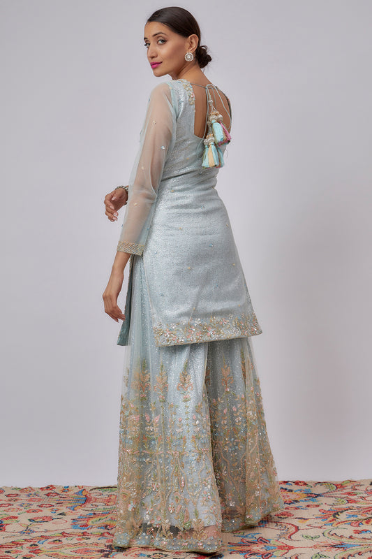 blue net embroidered sharara set