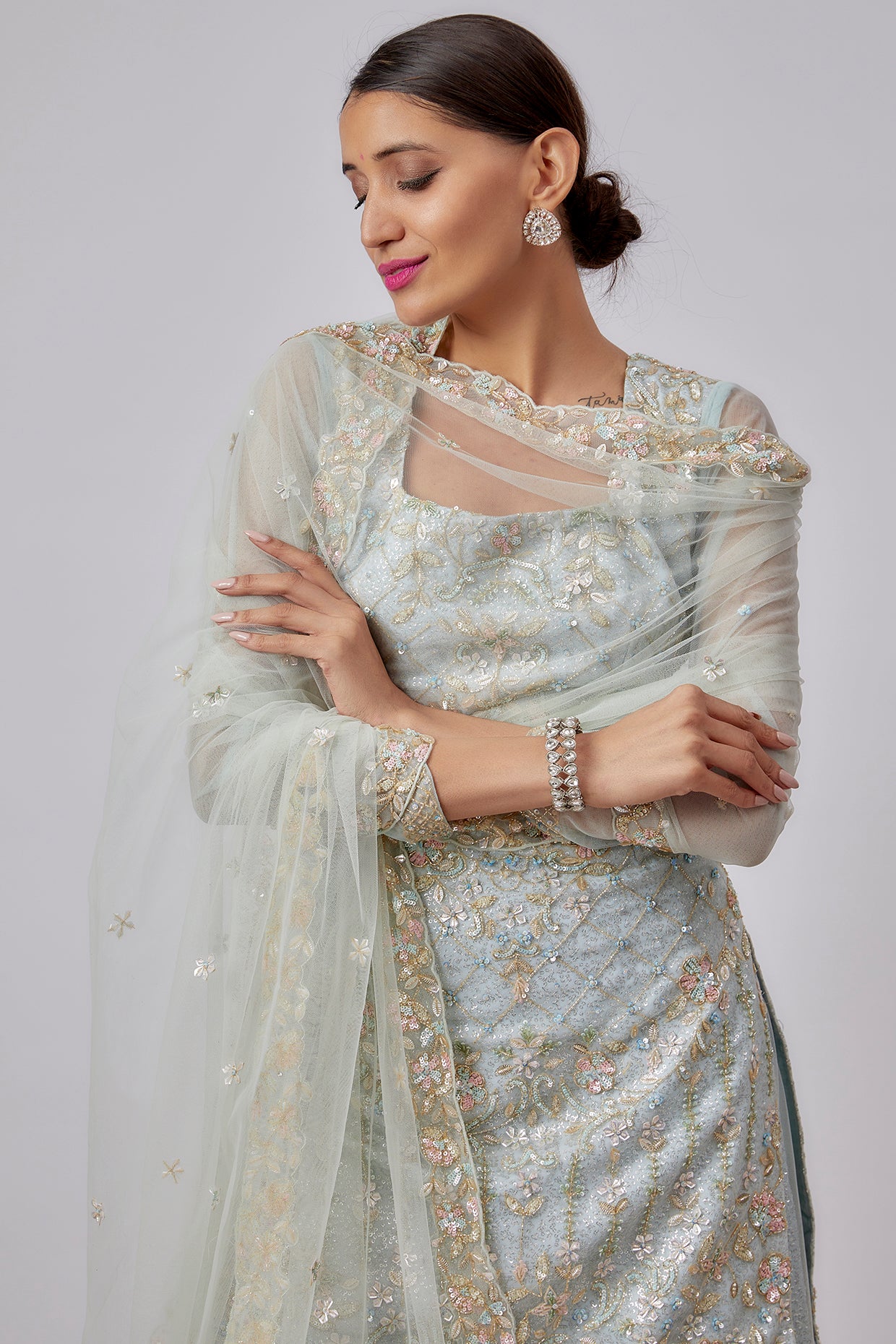 blue net embroidered sharara set