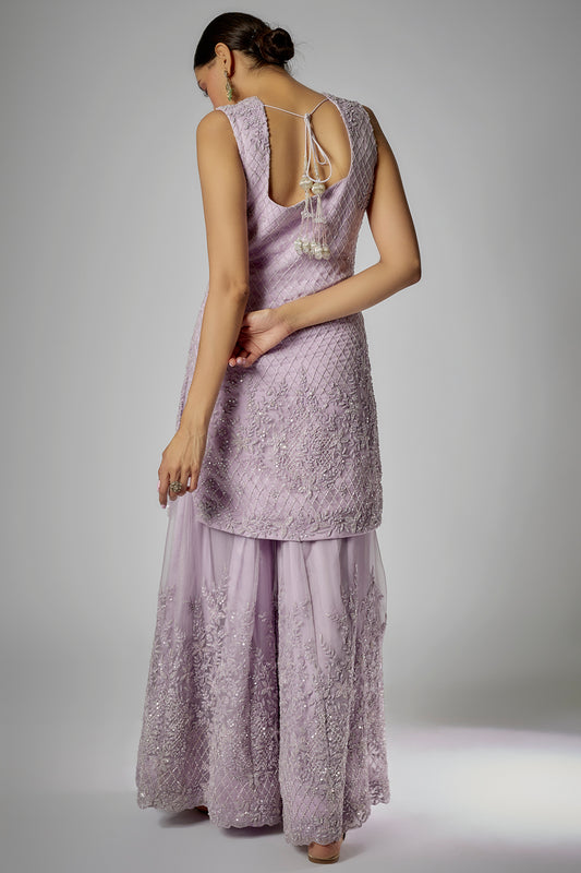 lilac net embroidered sharara set