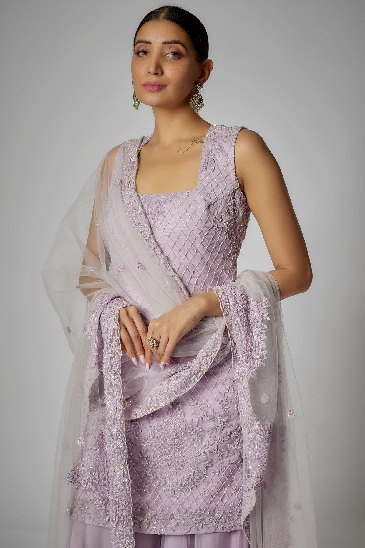 lilac net embroidered sharara set