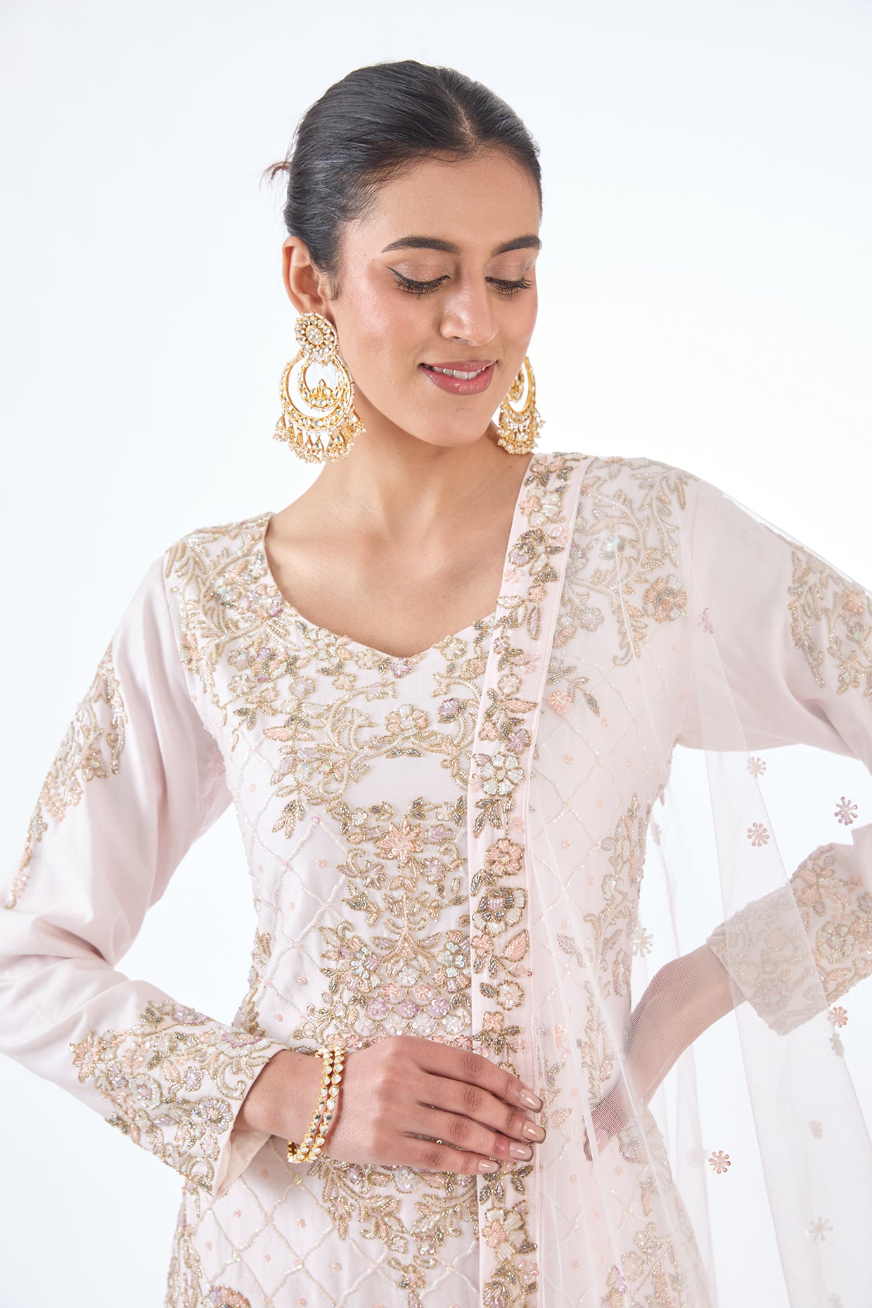 pink chanderi hand & machine embroidered sharara set