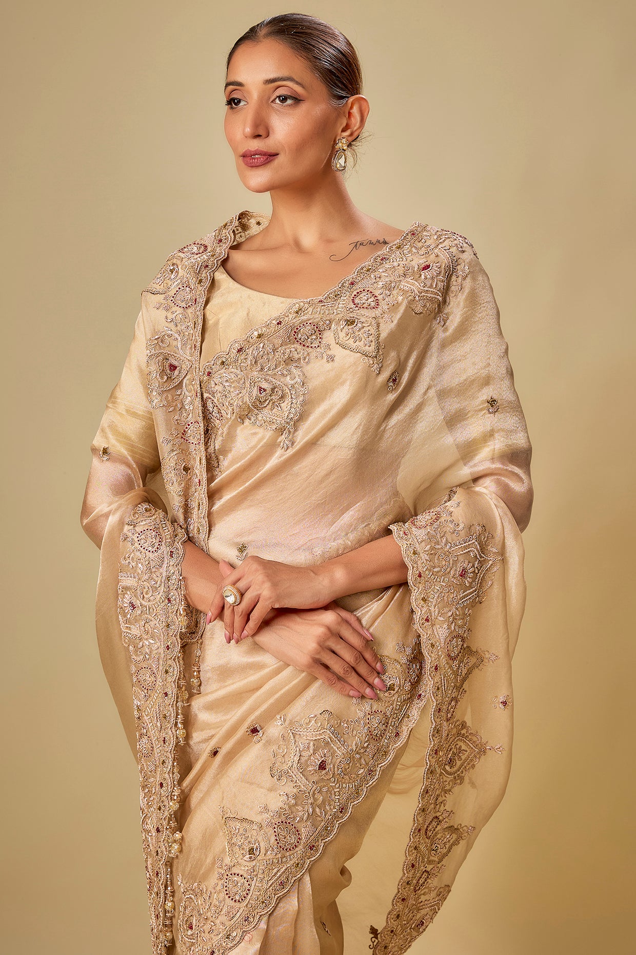 gold tissue hand & machine embroidered saree set