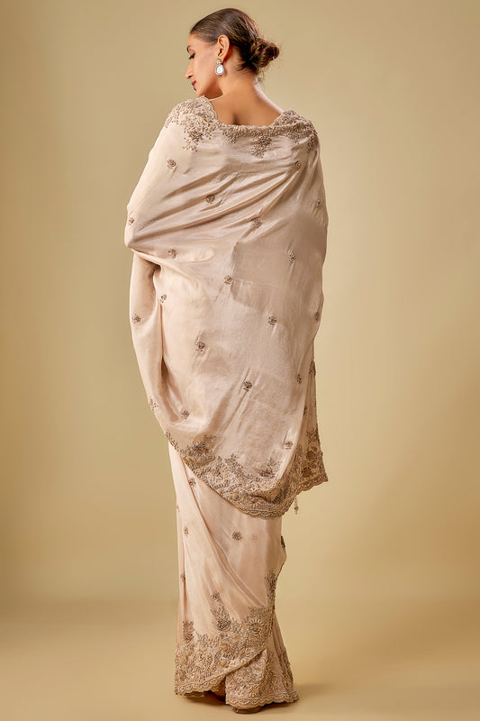 peach tissue hand & machine embroidered saree set