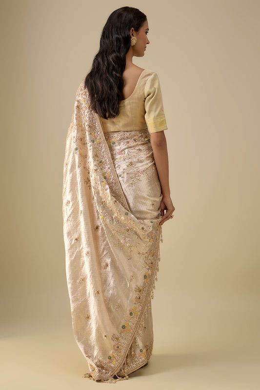 gold banarasi sequins embroidered saree set