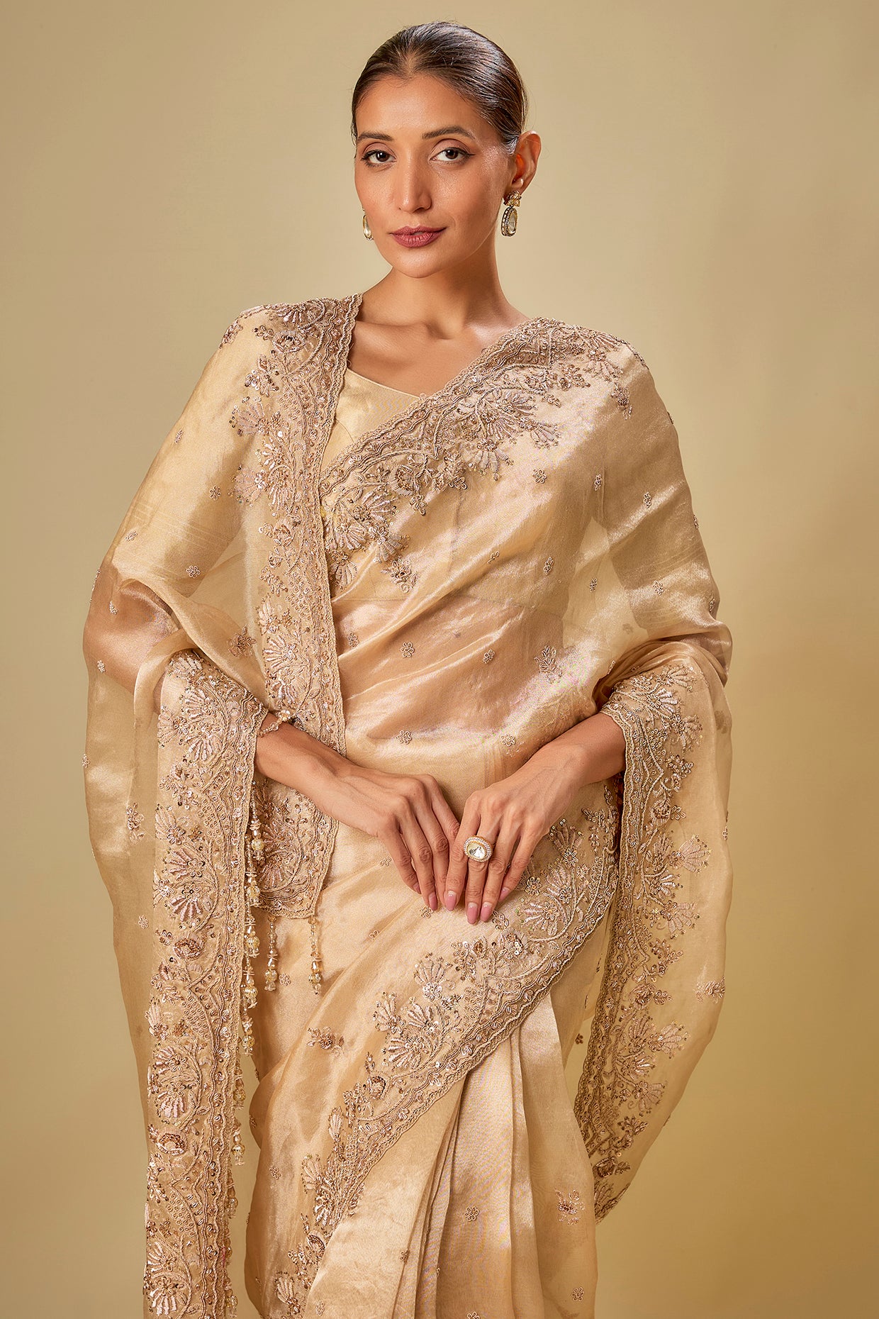gold tissue hand & machine embroidered saree set