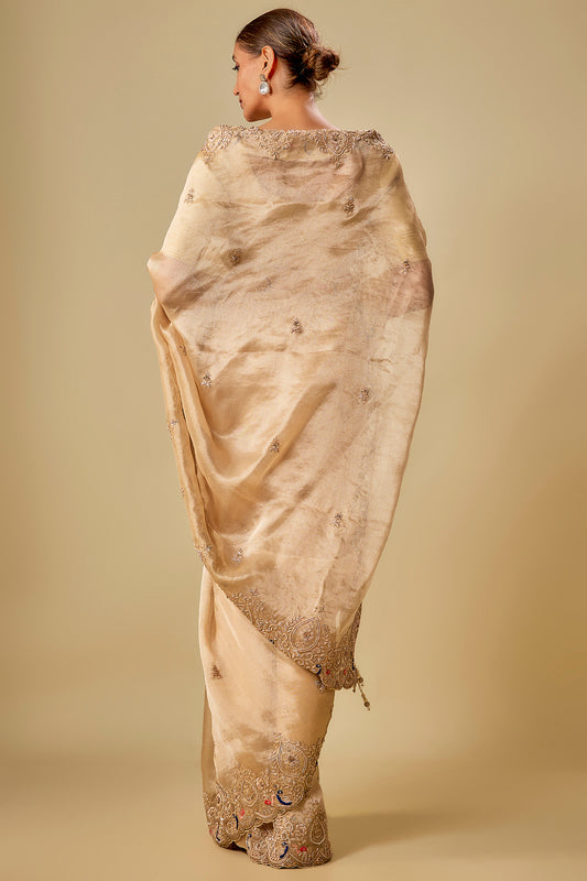 gold tissue hand & machine embroidered saree set