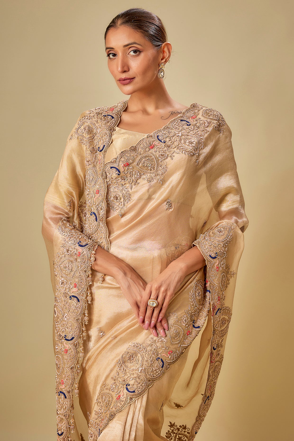 gold tissue hand & machine embroidered saree set