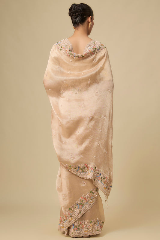 gold tissue hand & machine embroidered saree set