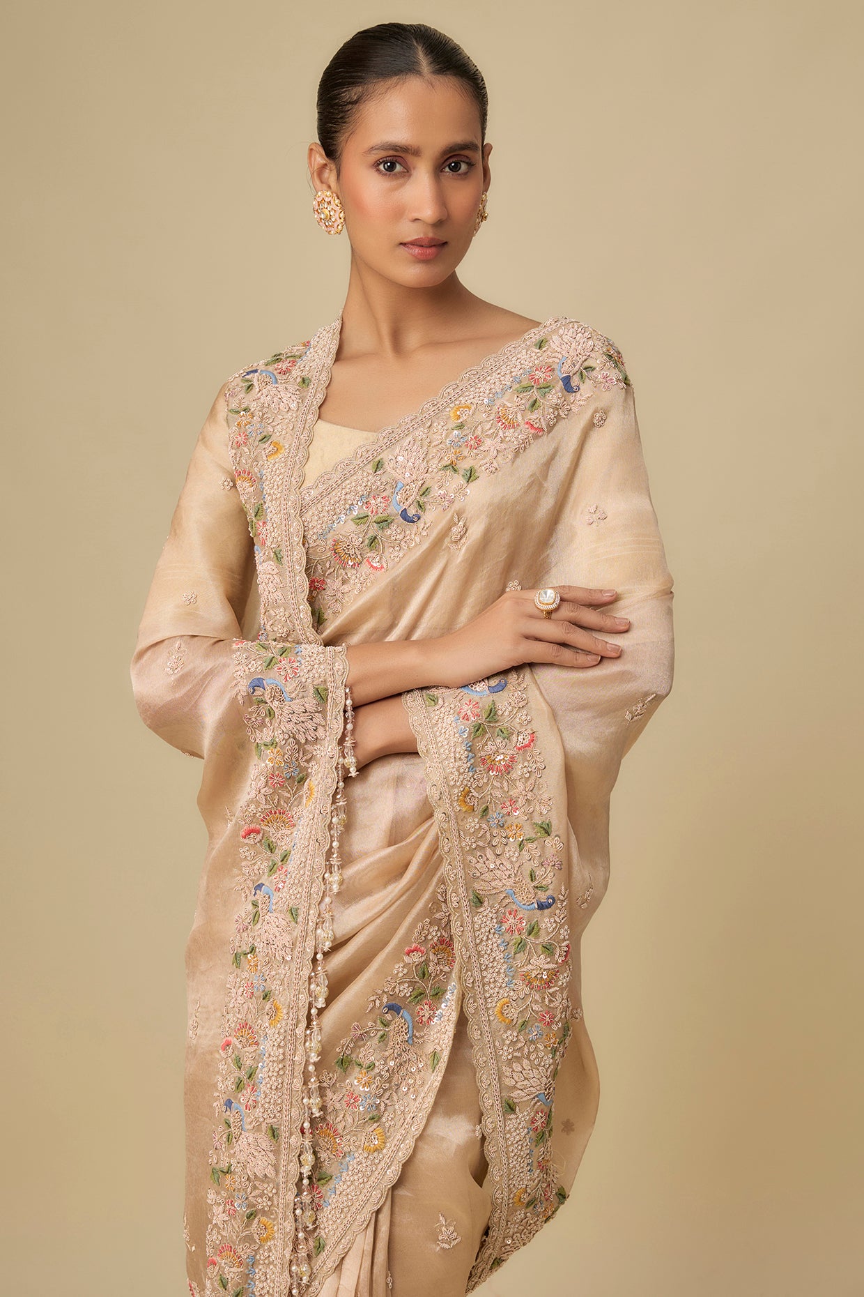 gold tissue hand & machine embroidered saree set